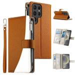For Samsung Galaxy S24 Ultra 5G Stitching Multi-card Zipper Wallet Leather Phone Case with Short Strap(Brown)