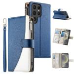 For Samsung Galaxy S24 Ultra 5G Stitching Multi-card Zipper Wallet Leather Phone Case with Short Strap(Dark Blue)