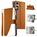 For Samsung Galaxy S24 FE 5G Stitching Multi-card Zipper Wallet Leather Phone Case with Short Strap(Brown)