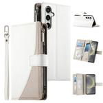 For Samsung Galaxy S24 FE 5G Stitching Multi-card Zipper Wallet Leather Phone Case with Short Strap(White)