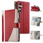 For Samsung Galaxy S24 FE 5G Stitching Multi-card Zipper Wallet Leather Phone Case with Short Strap(Red)