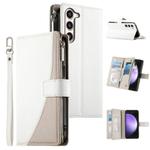 For Samsung Galaxy S23+ 5G Stitching Multi-card Zipper Wallet Leather Phone Case with Short Strap(White)
