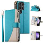 For Samsung Galaxy S23 Ultra 5G Stitching Multi-card Zipper Wallet Leather Phone Case with Short Strap(Blue)