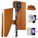 For Samsung Galaxy S23 Ultra 5G Stitching Multi-card Zipper Wallet Leather Phone Case with Short Strap(Brown)