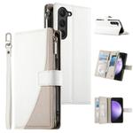 For Samsung Galaxy S23 5G Stitching Multi-card Zipper Wallet Leather Phone Case with Short Strap(White)