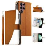 For Samsung Galaxy S22 Ultra 5G Stitching Multi-card Zipper Wallet Leather Phone Case with Short Strap(Brown)