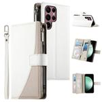 For Samsung Galaxy S22 Ultra 5G Stitching Multi-card Zipper Wallet Leather Phone Case with Short Strap(White)
