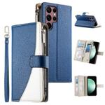 For Samsung Galaxy S22 Ultra 5G Stitching Multi-card Zipper Wallet Leather Phone Case with Short Strap(Dark Blue)