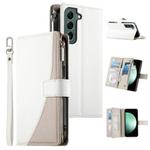 For Samsung Galaxy S22 5G Stitching Multi-card Zipper Wallet Leather Phone Case with Short Strap(White)