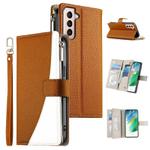 For Samsung Galaxy S21+ 5G Stitching Multi-card Zipper Wallet Leather Phone Case with Short Strap(Brown)