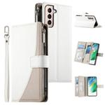 For Samsung Galaxy S21+ 5G Stitching Multi-card Zipper Wallet Leather Phone Case with Short Strap(White)