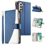 For Samsung Galaxy S21+ 5G Stitching Multi-card Zipper Wallet Leather Phone Case with Short Strap(Dark Blue)