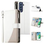 For Samsung Galaxy S21 FE 5G Stitching Multi-card Zipper Wallet Leather Phone Case with Short Strap(White)
