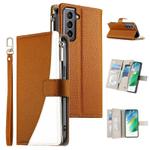 For Samsung Galaxy S21 5G Stitching Multi-card Zipper Wallet Leather Phone Case with Short Strap(Brown)