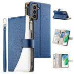 For Samsung Galaxy S21 5G Stitching Multi-card Zipper Wallet Leather Phone Case with Short Strap(Dark Blue)