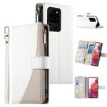 For Samsung Galaxy S20 Ultra Stitching Multi-card Zipper Wallet Leather Phone Case with Short Strap(White)