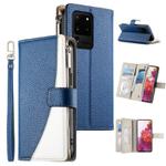 For Samsung Galaxy S20 Ultra Stitching Multi-card Zipper Wallet Leather Phone Case with Short Strap(Dark Blue)