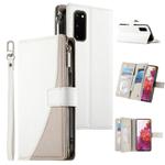 For Samsung Galaxy S20 Stitching Multi-card Zipper Wallet Leather Phone Case with Short Strap(White)