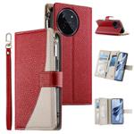 For Realme 11 4G Stitching Multi-card Zipper Wallet Leather Phone Case with Short Strap(Red)