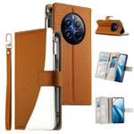 For Realme 12 Pro / 12 Pro+ Stitching Multi-card Zipper Wallet Leather Phone Case with Short Strap(Brown)