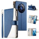 For Realme 12 Pro / 12 Pro+ Stitching Multi-card Zipper Wallet Leather Phone Case with Short Strap(Dark Blue)