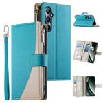 For Realme C65 4G Global Stitching Multi-card Zipper Wallet Leather Phone Case with Short Strap(Blue)