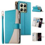For Xiaomi 14T Stitching Multi-card Zipper Wallet Leather Phone Case with Short Strap(Blue)