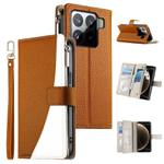 For Xiaomi 15 Pro Stitching Multi-card Zipper Wallet Leather Phone Case with Short Strap(Brown)