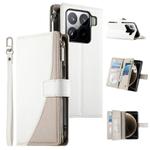 For Xiaomi 15 Pro Stitching Multi-card Zipper Wallet Leather Phone Case with Short Strap(White)