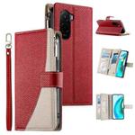For Xiaomi Poco M7 4G 169mm Stitching Multi-card Zipper Wallet Leather Phone Case with Short Strap(Red)
