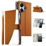 For Redmi 13 4G / 5G / Xiaomi Poco M6 4G Stitching Multi-card Zipper Wallet Leather Phone Case with Short Strap(Brown)