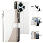 For Redmi 13 4G / 5G / Xiaomi Poco M6 4G Stitching Multi-card Zipper Wallet Leather Phone Case with Short Strap(White)
