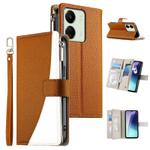 For Redmi 13C 4G / 5G / 13R / Xiaomi Poco C65 Stitching Multi-card Zipper Wallet Leather Phone Case with Short Strap(Brown)