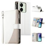 For Redmi 13C 4G / 5G / 13R / Xiaomi Poco C65 Stitching Multi-card Zipper Wallet Leather Phone Case with Short Strap(White)
