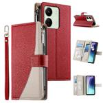 For Redmi 13C 4G / 5G / 13R / Xiaomi Poco C65 Stitching Multi-card Zipper Wallet Leather Phone Case with Short Strap(Red)