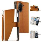 For Redmi A5 4G 171.7mm / Xiaomi Poco C71 Stitching Multi-card Zipper Wallet Leather Phone Case with Short Strap(Brown)