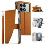 For Redmi K70E / Xiaomi Poco X6 Pro Stitching Multi-card Zipper Wallet Leather Phone Case with Short Strap(Brown)