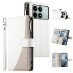 For Redmi K70E / Xiaomi Poco X6 Pro Stitching Multi-card Zipper Wallet Leather Phone Case with Short Strap(White)