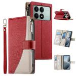 For Redmi K70E / Xiaomi Poco X6 Pro Stitching Multi-card Zipper Wallet Leather Phone Case with Short Strap(Red)