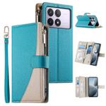 For Redmi K70 / K70 Pro / Poco F6 Pro Stitching Multi-card Zipper Wallet Leather Phone Case with Short Strap(Blue)