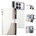 For Redmi K70 / K70 Pro / Poco F6 Pro Stitching Multi-card Zipper Wallet Leather Phone Case with Short Strap(White)