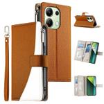 For Redmi Note 13 4G Global Stitching Multi-card Zipper Wallet Leather Phone Case with Short Strap(Brown)