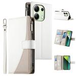 For Redmi Note 13 4G Global Stitching Multi-card Zipper Wallet Leather Phone Case with Short Strap(White)