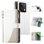 For Redmi Note 13 5G Global Stitching Multi-card Zipper Wallet Leather Phone Case with Short Strap(White)