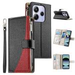 For Redmi Note 14 4G 163.25mm Stitching Multi-card Zipper Wallet Leather Phone Case with Short Strap(Black)