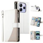 For Redmi Note 14 4G 163.25mm Stitching Multi-card Zipper Wallet Leather Phone Case with Short Strap(White)