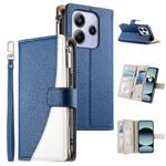 For Redmi Note 14 4G 163.25mm Stitching Multi-card Zipper Wallet Leather Phone Case with Short Strap(Dark Blue)