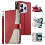For Redmi Note 14 4G 163.25mm Stitching Multi-card Zipper Wallet Leather Phone Case with Short Strap(Red)