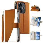 For Redmi Turbo 3 / Xiaomi Poco F6 Stitching Multi-card Zipper Wallet Leather Phone Case with Short Strap(Brown)