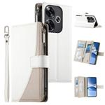 For Redmi Turbo 3 / Xiaomi Poco F6 Stitching Multi-card Zipper Wallet Leather Phone Case with Short Strap(White)